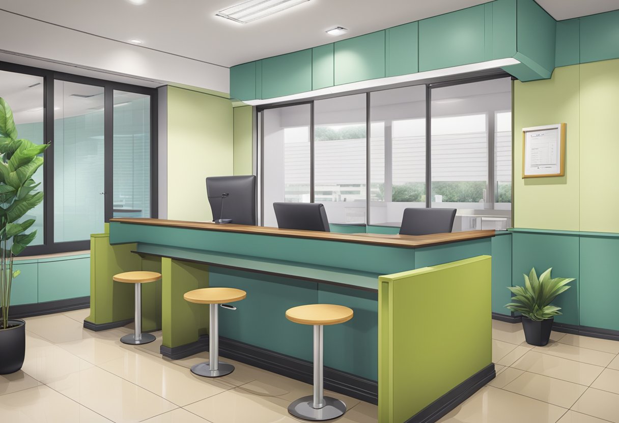 A licensed moneylender's office in Bedok with a sign, a counter, and a waiting area
