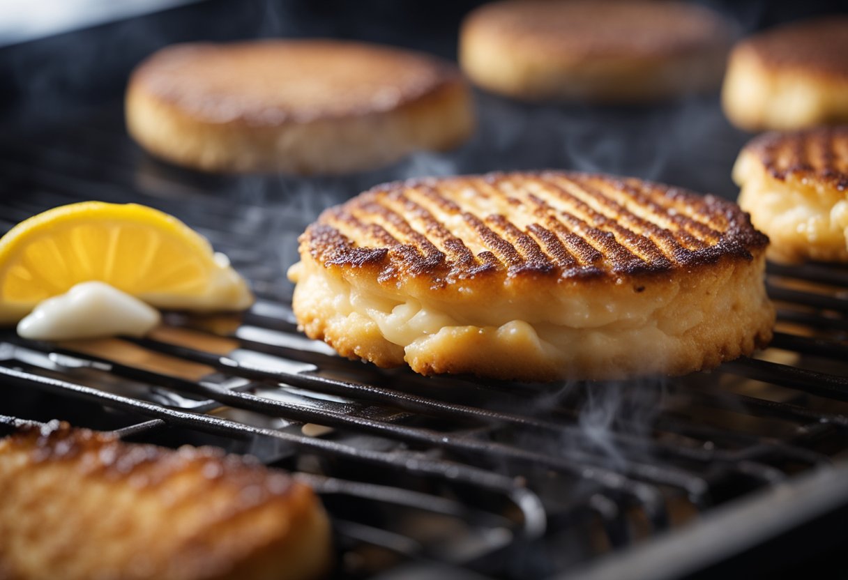 A thin fish cake sizzling on a hot griddle, golden brown and crispy on the edges, with steam rising from its surface