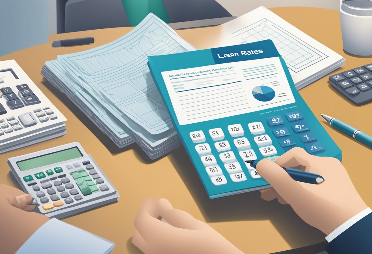 A hand reaches for a stack of loan product brochures on a desk, with a calculator and pen nearby. The licensed money lender rates are displayed prominently on the cover of each brochure