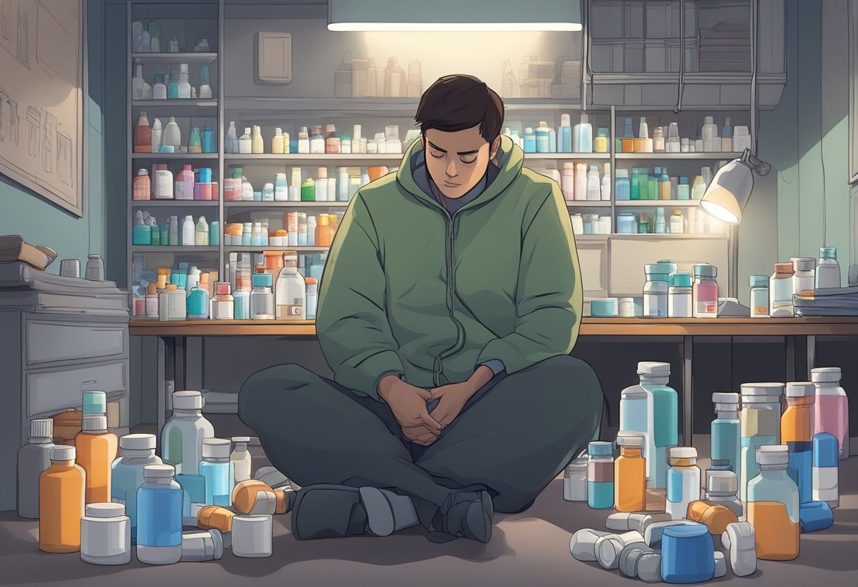 A person sitting in a dimly lit room, surrounded by scattered pill bottles and medical equipment, with a heavy weight on their chest