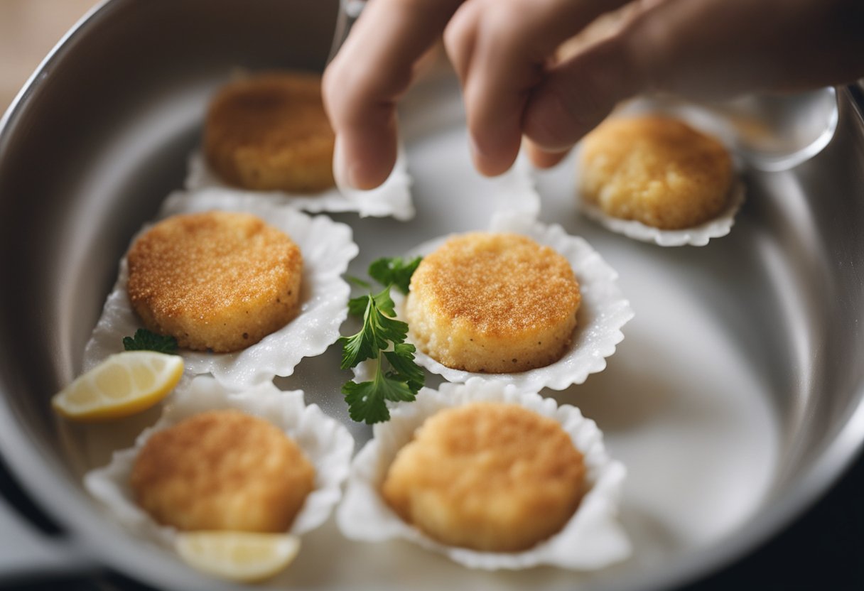 A hand dipping thin fish cakes into egg wash, then coating them in breadcrumbs before frying