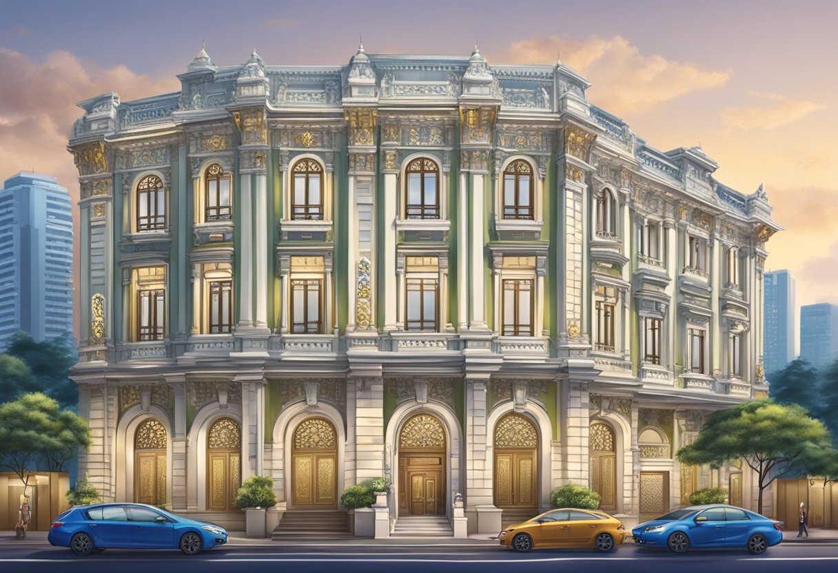 A grand, ornate building with a prominent sign reading "Majestic Money Lender" in Singapore. The exterior is well-maintained and exudes a sense of trust and reliability