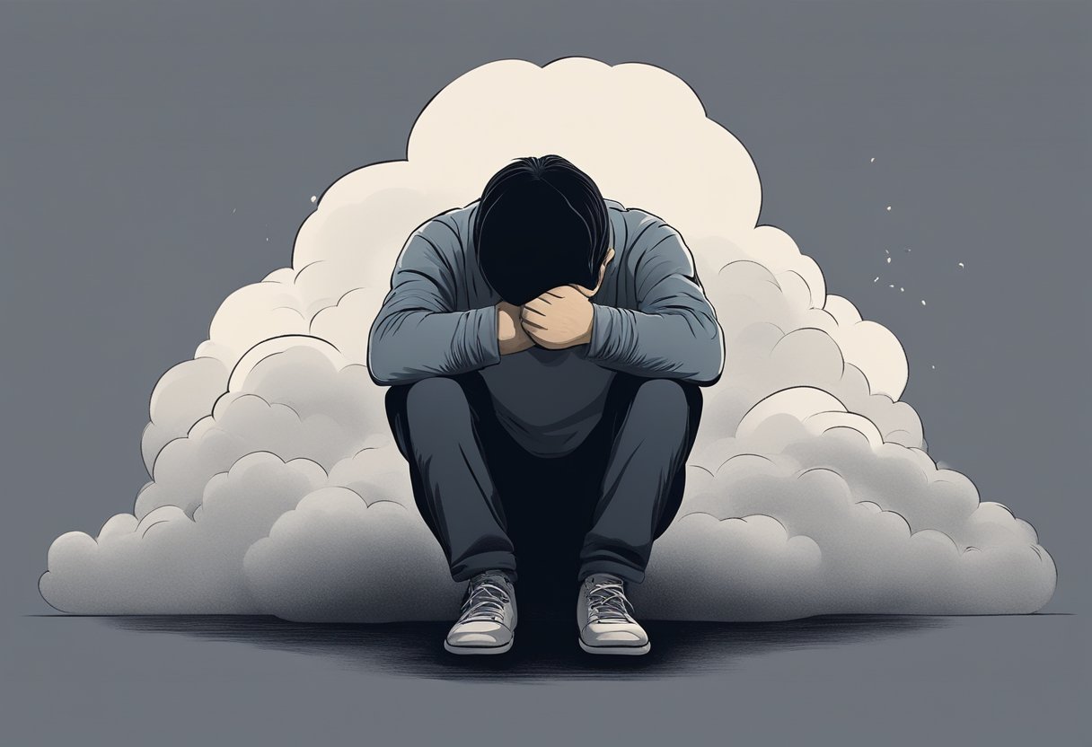 A person sits alone, head in hands, surrounded by a cloud of heavy darkness, symbolizing the weight of depression and heart pain