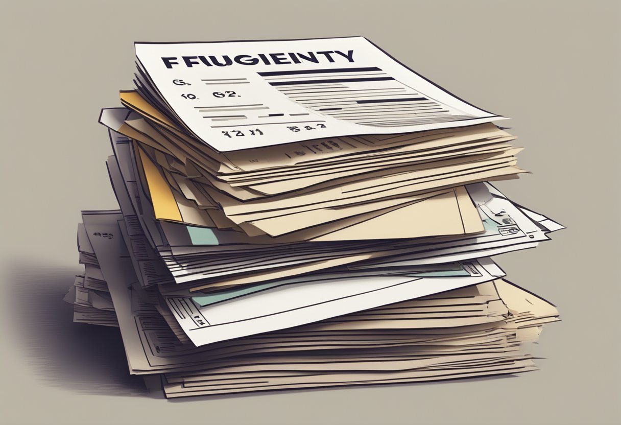 A stack of paper with "Frequently Asked Questions" printed on top, surrounded by financial symbols and interest rate numbers