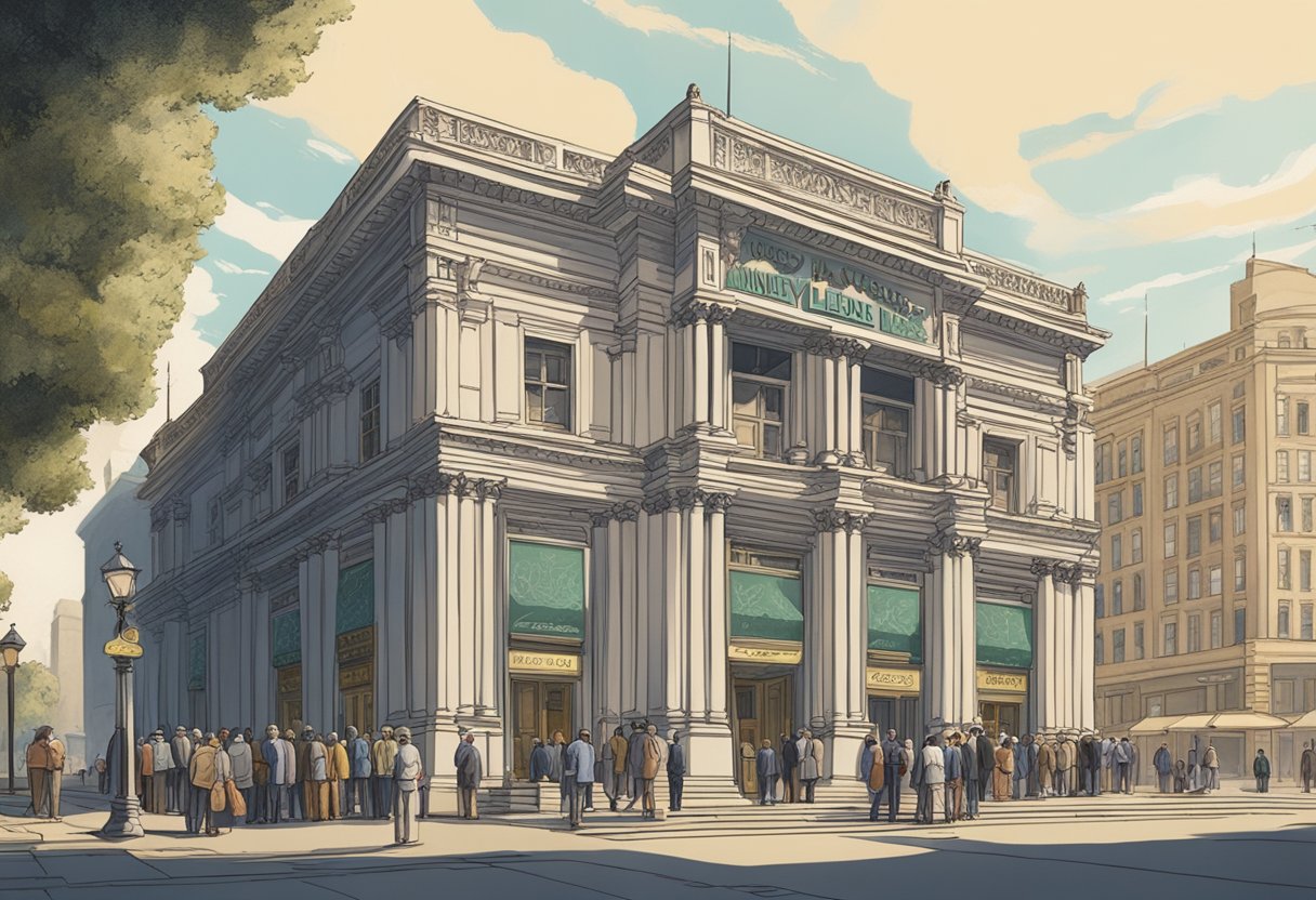 A grand, ornate building with a bold sign reading "Majestic Money Lender." A line of people waiting outside, with a sense of anticipation and uncertainty in the air