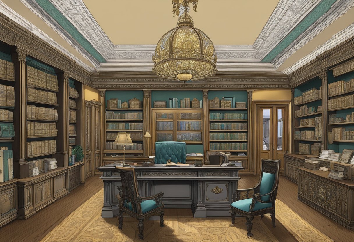 The majestic money lender's office is filled with customers seeking answers. A grand desk sits in the center, surrounded by ornate chairs. The walls are adorned with intricate artwork and shelves of financial literature