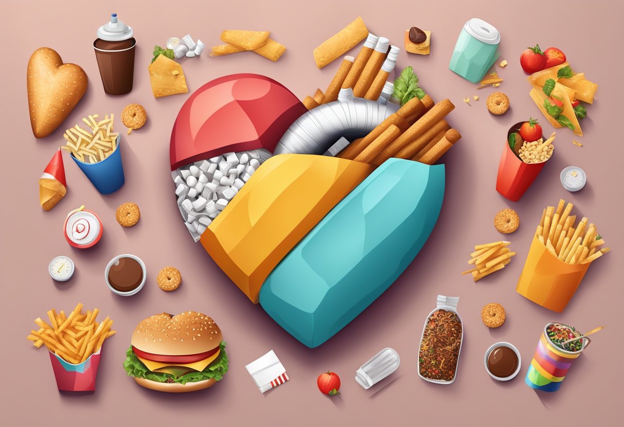 A heart surrounded by unhealthy lifestyle elements: cigarettes, fast food, stress, and lack of exercise
