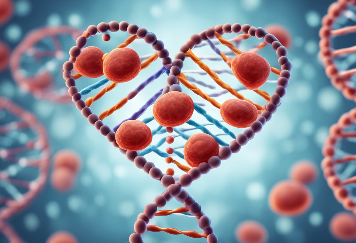A DNA strand with heart-shaped patterns, surrounded by microscopic cells and blood vessels