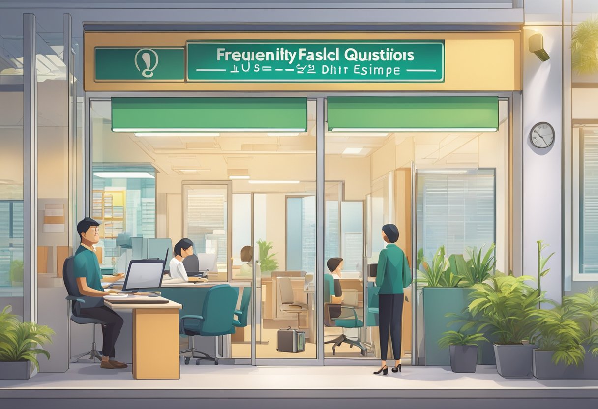 A brightly lit office with a sign reading "Frequently Asked Questions" and a licensed money lender in Singapore's Bedok district