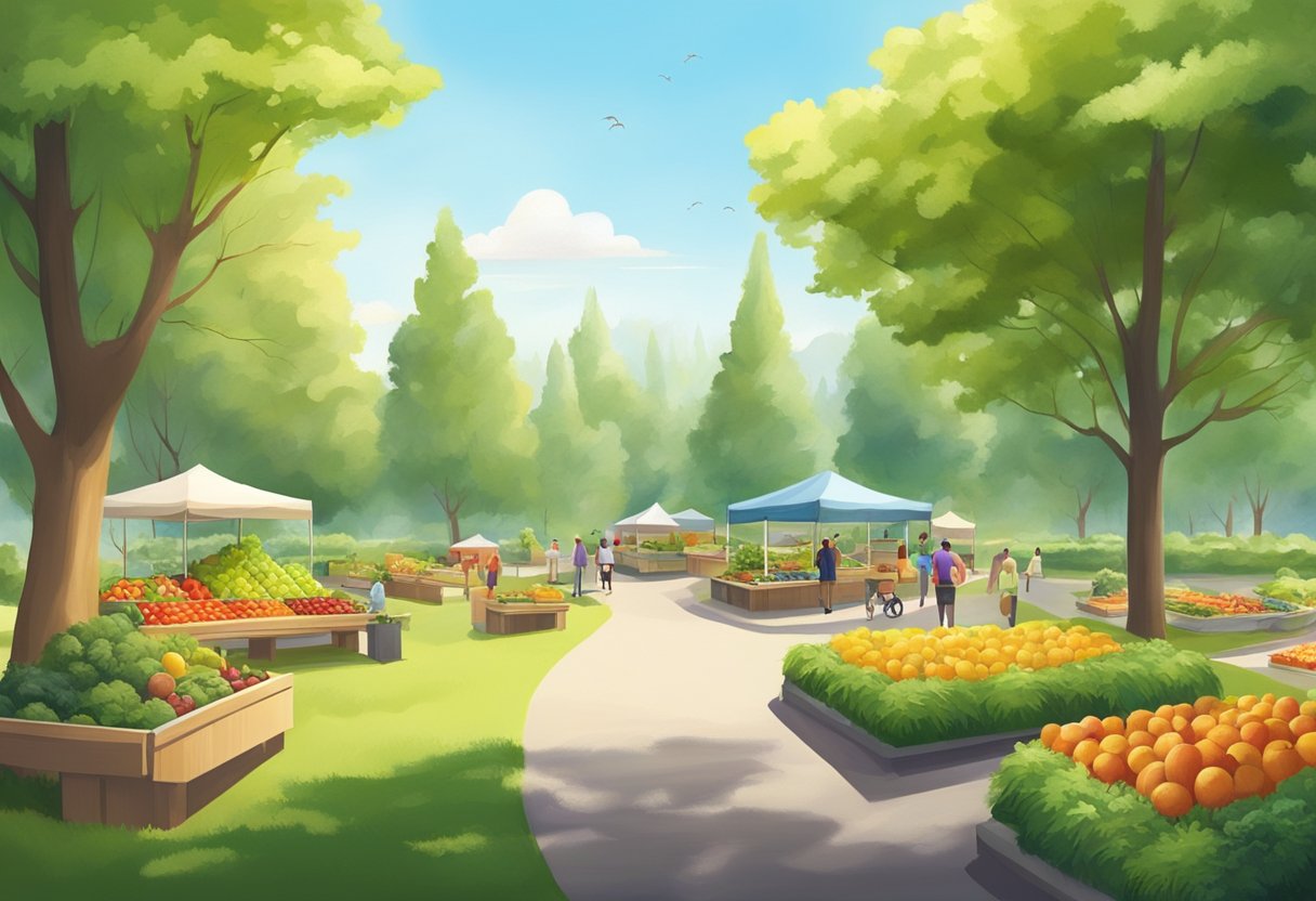 A sunny park with a jogging trail, surrounded by trees and clean air. Nearby, a farmer's market with fresh fruits and vegetables