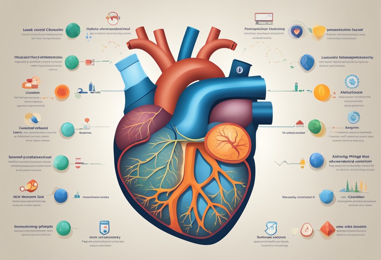 A heart surrounded by various factors: smoking, high cholesterol, hypertension, obesity, and lack of physical activity