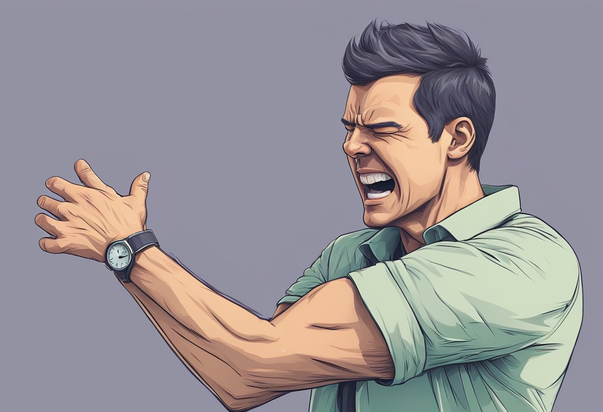 A person clutches their left arm in pain, a grimace on their face