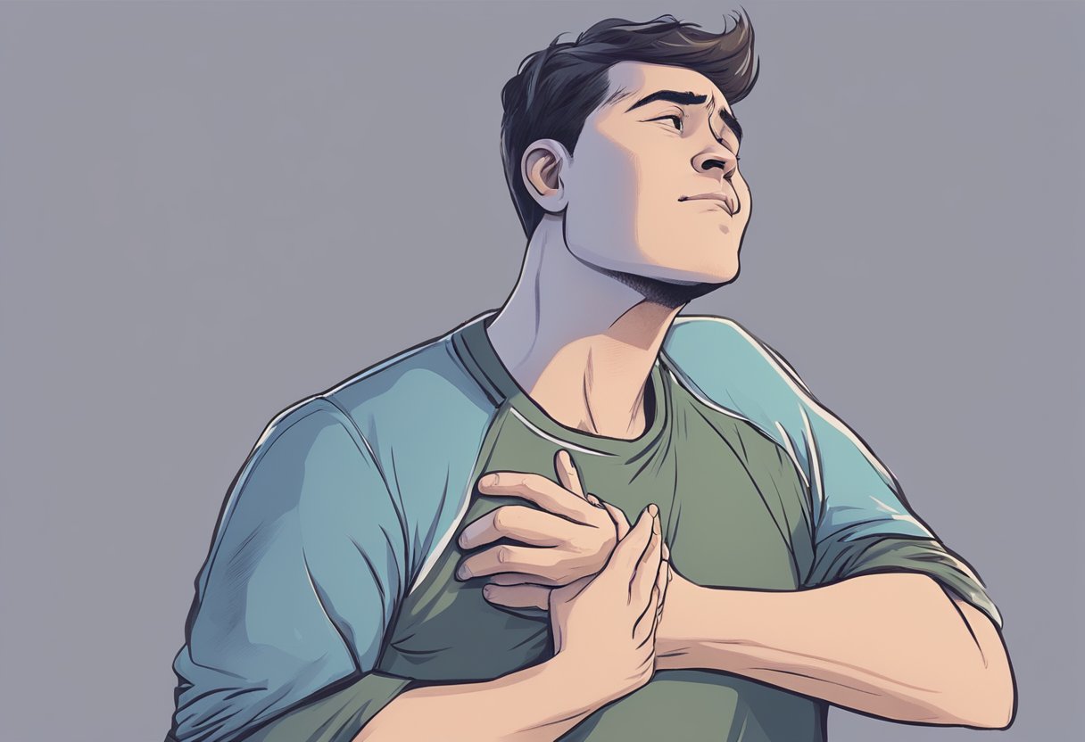 A person clutching their chest in pain, with a grimace on their face, and their other hand gripping their arm in distress