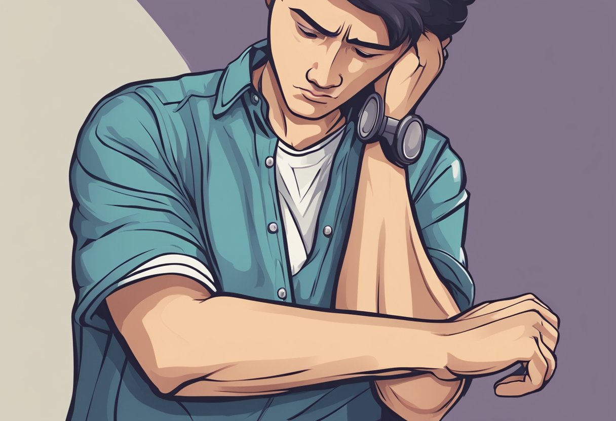 A person clutching their left arm in pain, with a worried expression on their face