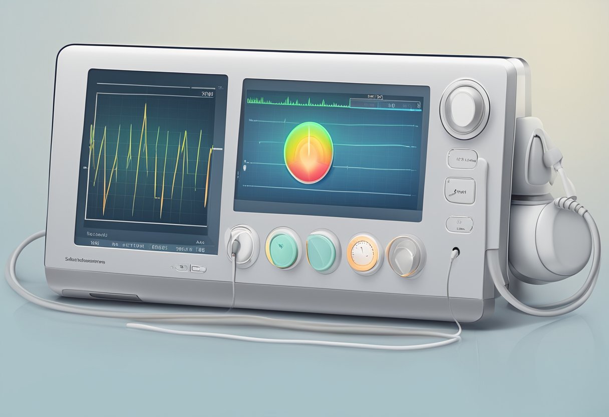A fetal heart monitor beeps steadily, displaying the rhythmic heartbeat of the unborn baby