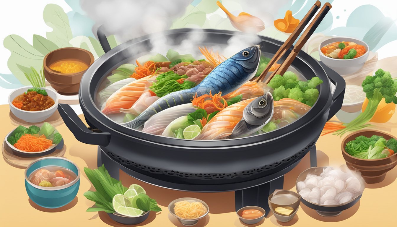 A steaming hot pot of Tian Wai Tian fish head steamboat, surrounded by colorful ingredients and aromatic steam rising into the air