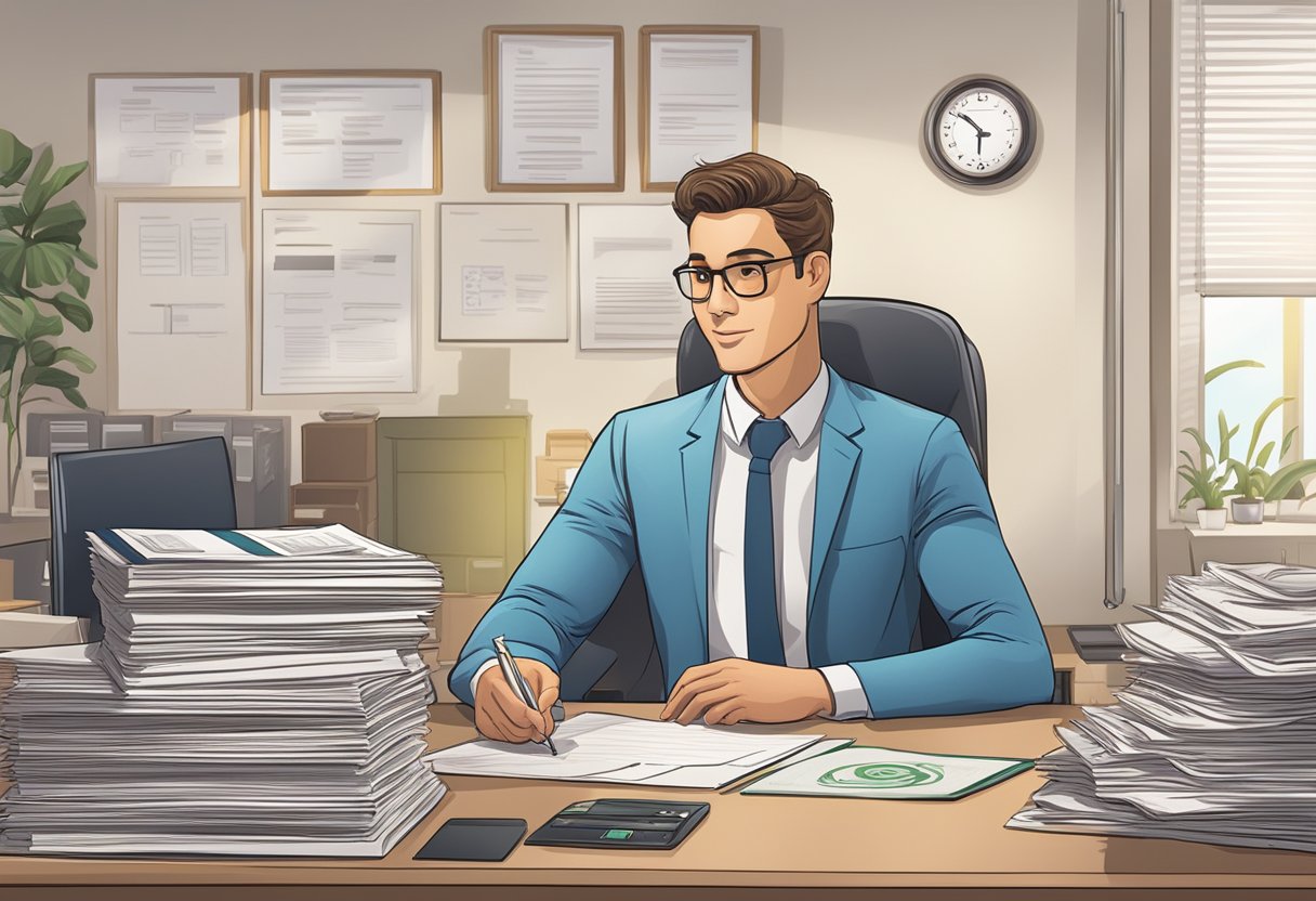 A licensed moneylender sits at a desk with official documents and a sign displaying their accreditation. The office is tidy and professional, with a focus on trust and legitimacy