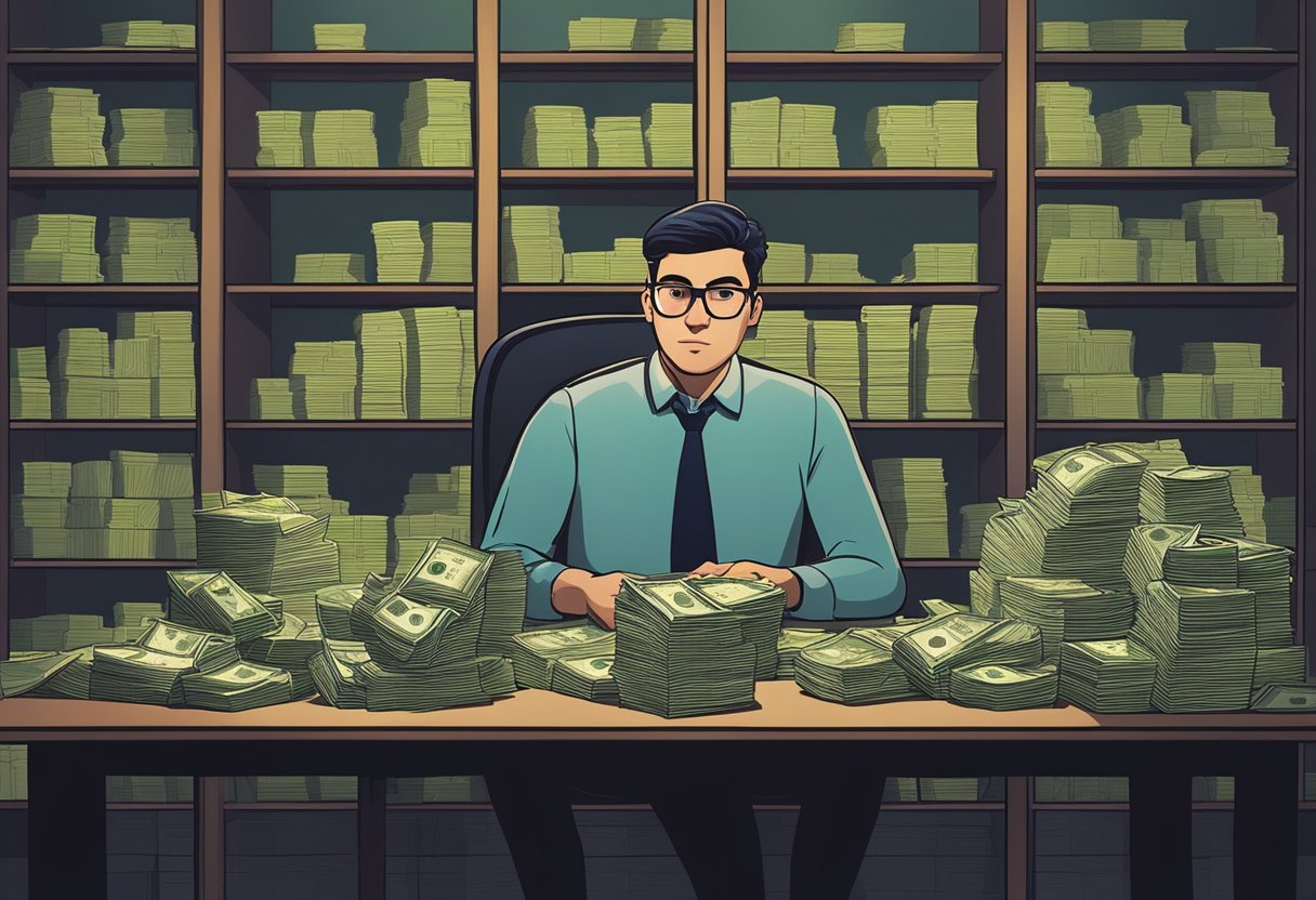 A money lender sits behind a desk, counting stacks of cash with a stern expression. The room is dimly lit, with shelves of dusty files lining the walls