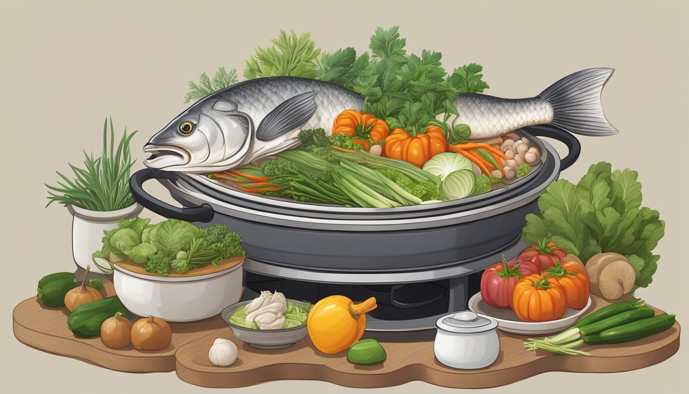 A steaming fish head steamboat sits on a table at Practical Information tian wai tian, surrounded by various vegetables and aromatic herbs