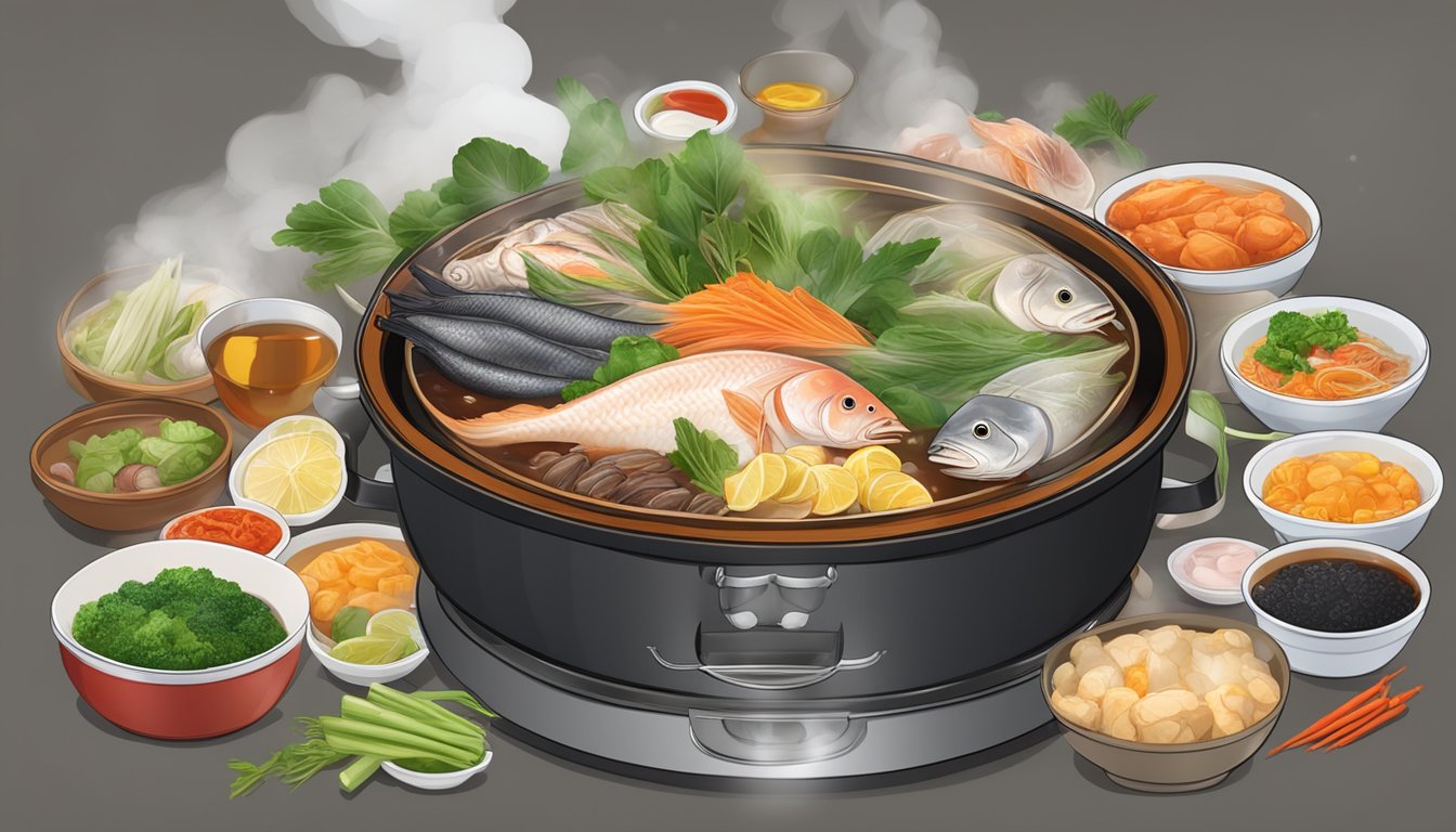 A steaming hot pot of tian wai tian fish head steamboat, surrounded by various ingredients and condiments, with steam rising from the pot