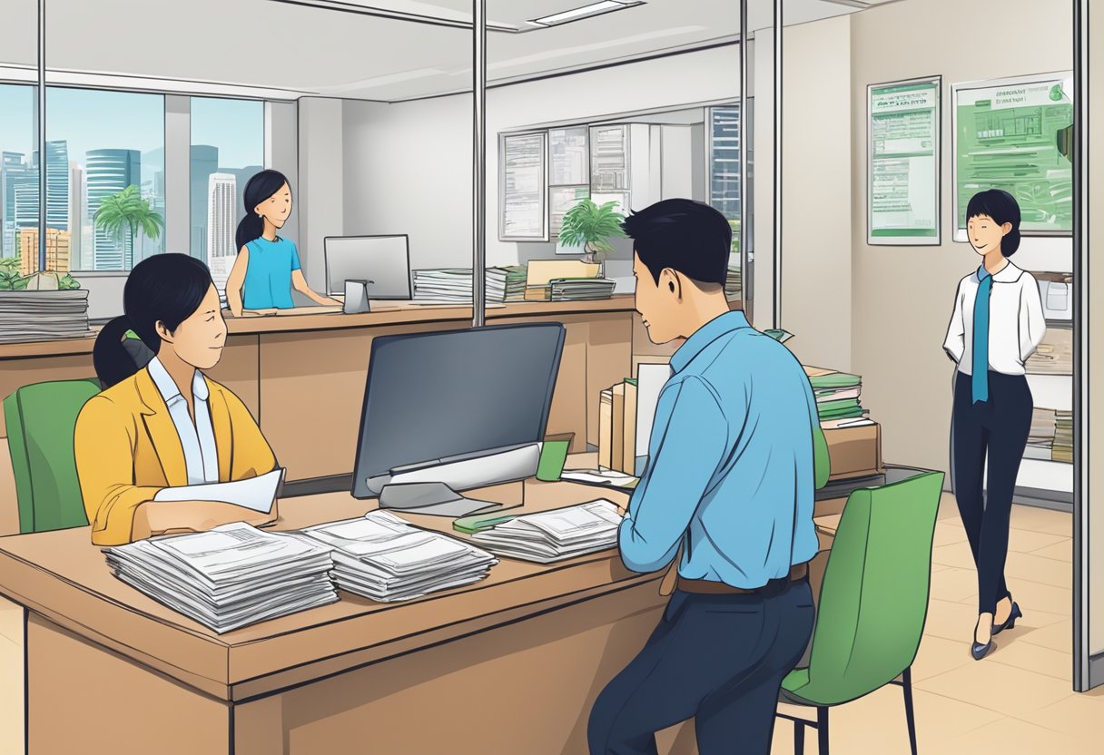 A money lender's office in Singapore, with a sign displaying "Understanding Money Lending" and customers discussing loan terms