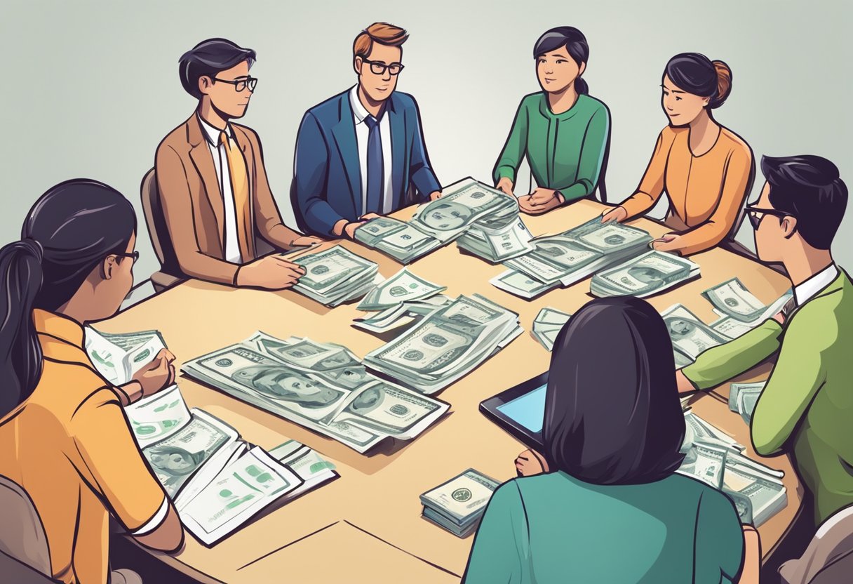 A person explaining financial roles to a group with a money lender on one side and other financial roles on the opposite side