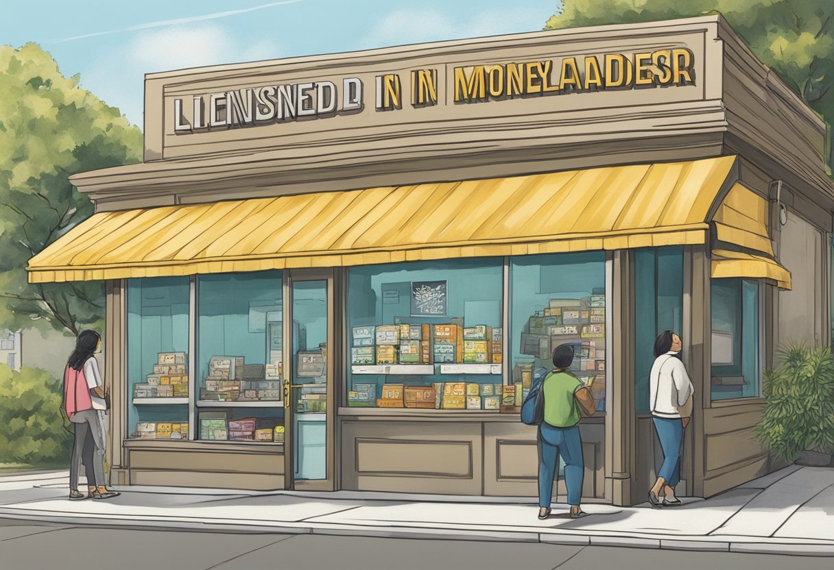 A storefront sign reads "Licensed Moneylenders in Woodlands." A line of customers waits outside, while a clerk inside assists a client with paperwork