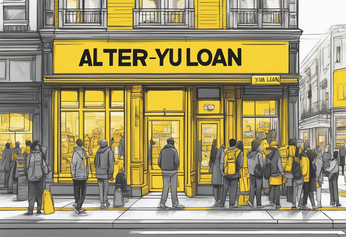 A bright yellow storefront with a large sign reading "After Your Loan" in bold black letters. A line of people waiting outside