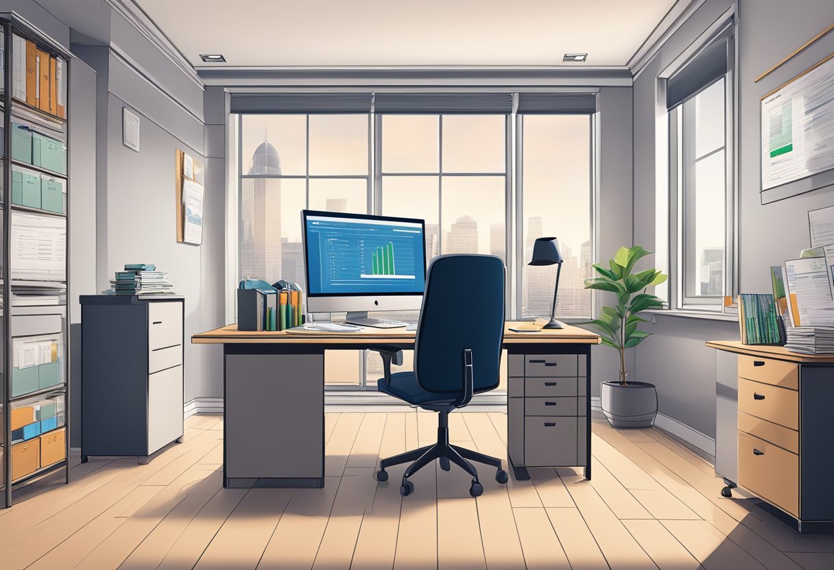 A UK credit money lender's office with a desk, computer, and logo on the wall. Documents and financial charts are scattered on the desk