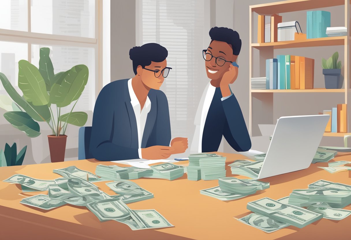 A customer comparing different money lender services and repayment terms, with various options laid out on a table for review