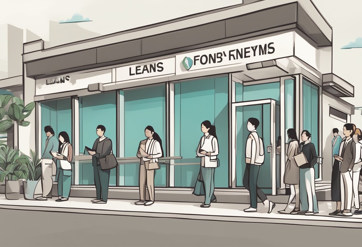 A line of people forms outside a licensed money lender's office in Woodlands. A sign displays loan options and repayment terms