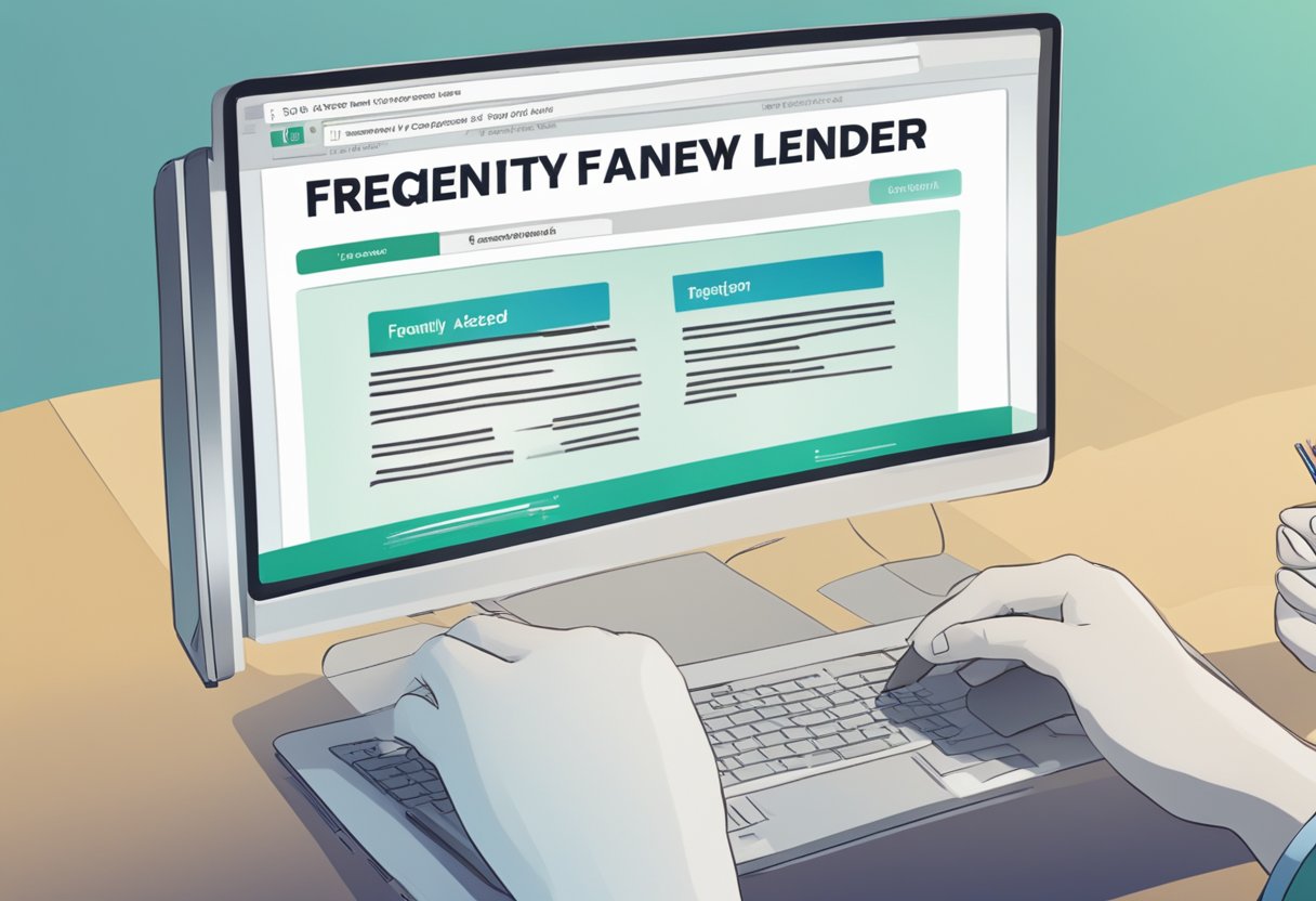 A person reading a review of a money lender with the title "Frequently Asked Questions" displayed on a computer screen