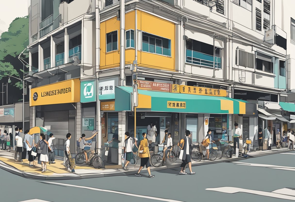 A bustling street in Tanjong Pagar, with a prominent sign for a licensed money lender. People are seen entering and exiting the establishment