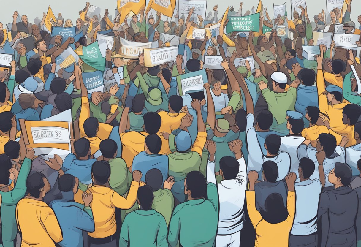 People unite against illegal money lenders. They form a barrier, holding signs and shouting for justice