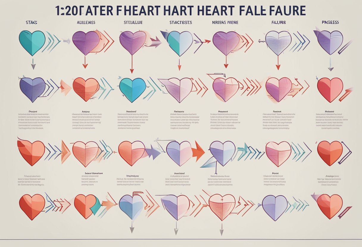 A heart-shaped diagram with arrows showing progression from early to advanced stages of heart failure