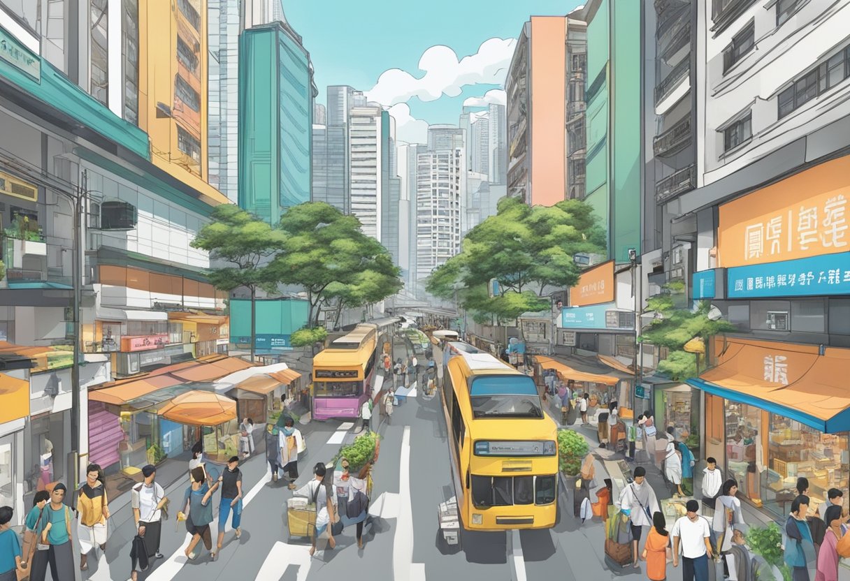 A bustling street in Tanjong Pagar, with a prominent sign for a licensed moneylender, surrounded by diverse businesses and people