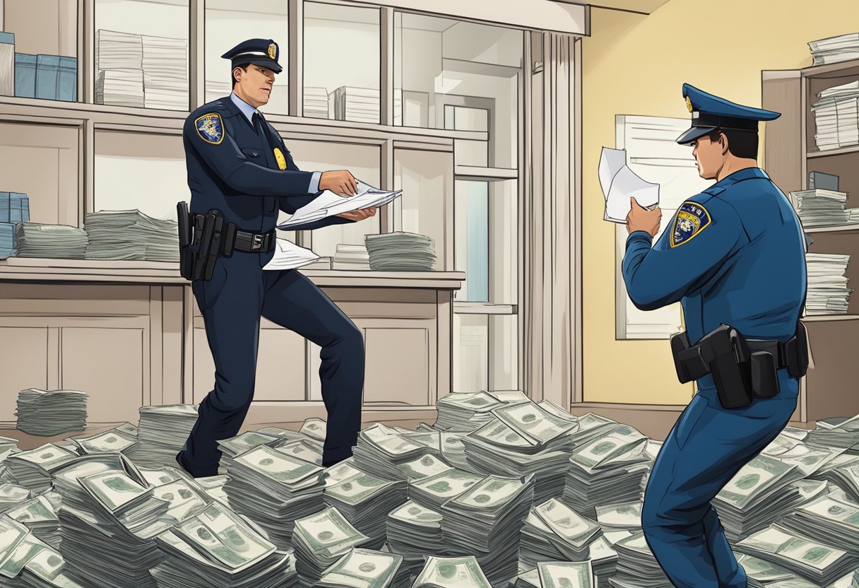 A person throws away a threatening letter from a loan shark while a police officer confiscates illegal documents and cash from the lender's office
