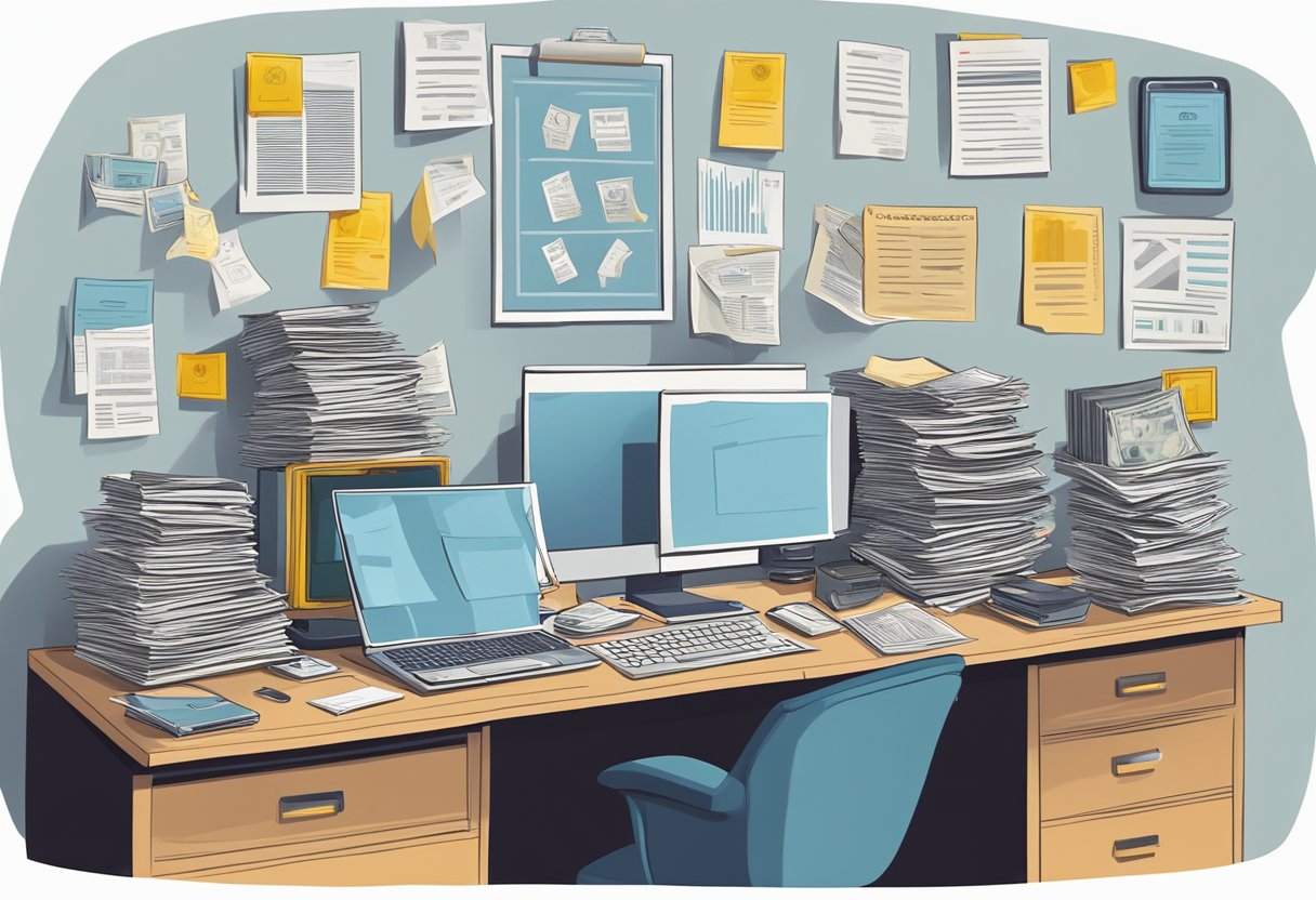 A cluttered desk with legal documents and a computer showing financial data, surrounded by warning signs against illegal moneylenders