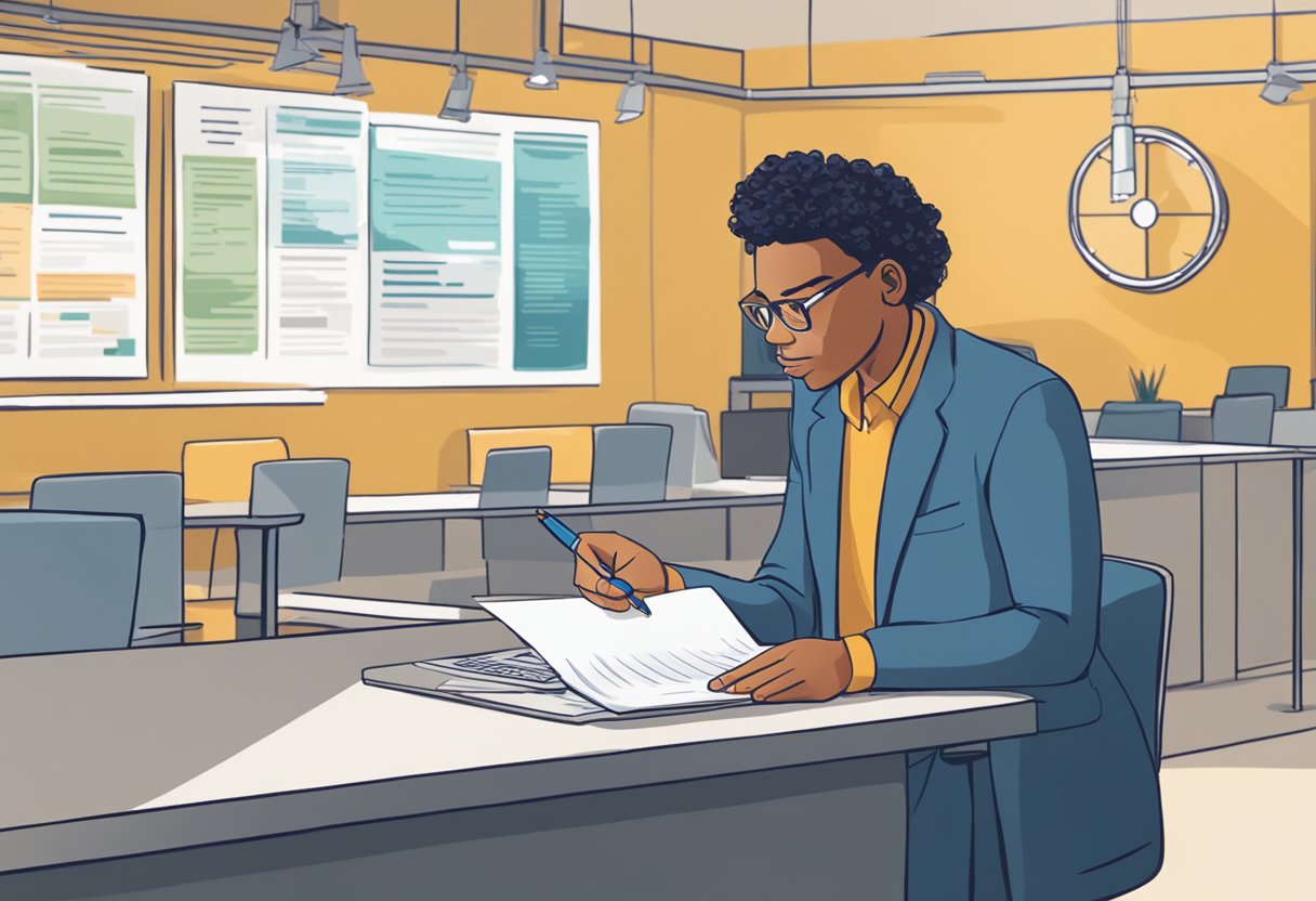A person standing in front of a sign that reads "Choosing the Right Money Lender uk credit money lender." The person is holding a pen and paper, looking thoughtful