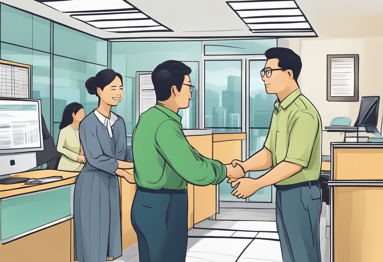A person entering a licensed moneylender's office in Tanjong Pagar, reviewing documents, and shaking hands with the staff