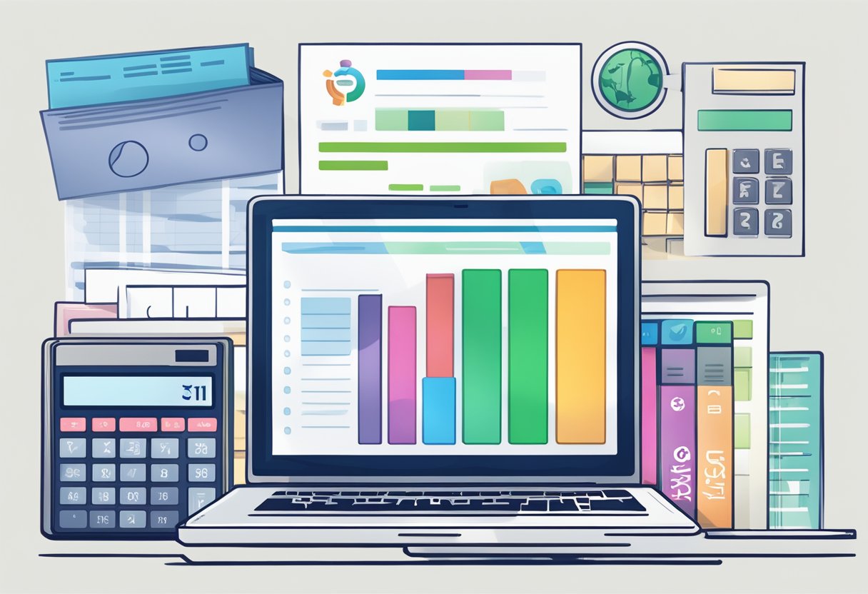 A stack of FAQ sheets with UK credit money lender logo, surrounded by a laptop, calculator, and pen