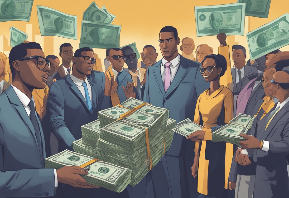 A group of people confront a shady figure offering loans with high interest rates. They hold up signs warning others about illegal money lending practices