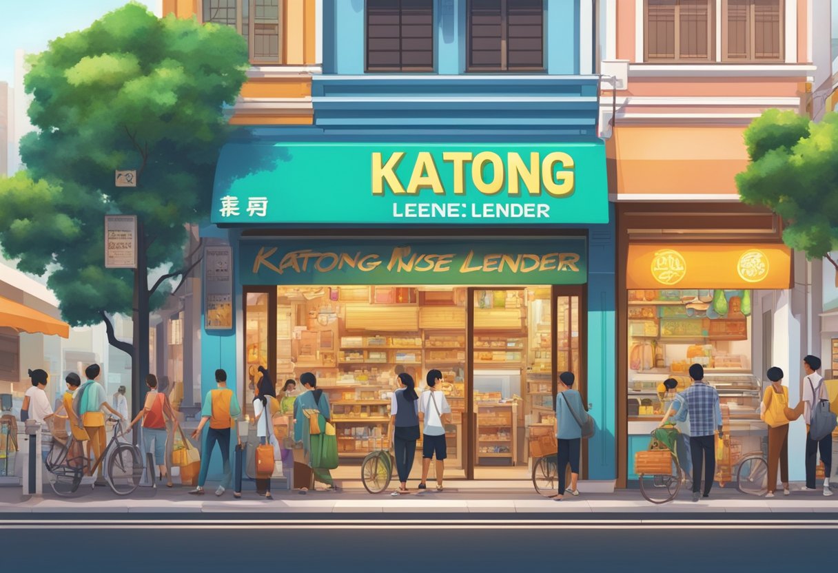 A storefront with "Katong License Money Lender" sign, surrounded by bustling street vendors and pedestrians in a vibrant urban setting