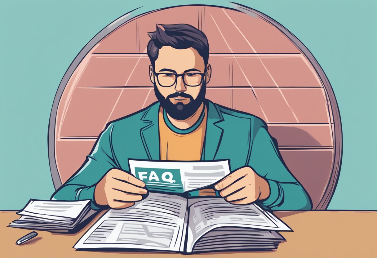 A person reading a FAQ page with a crossed-out image of a loan shark to depict protection against illegal money lenders