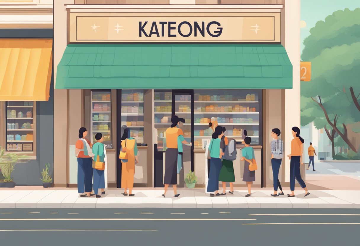 A storefront sign reads "Katong License Money Lending." A queue of people forms outside as a clerk assists a customer inside