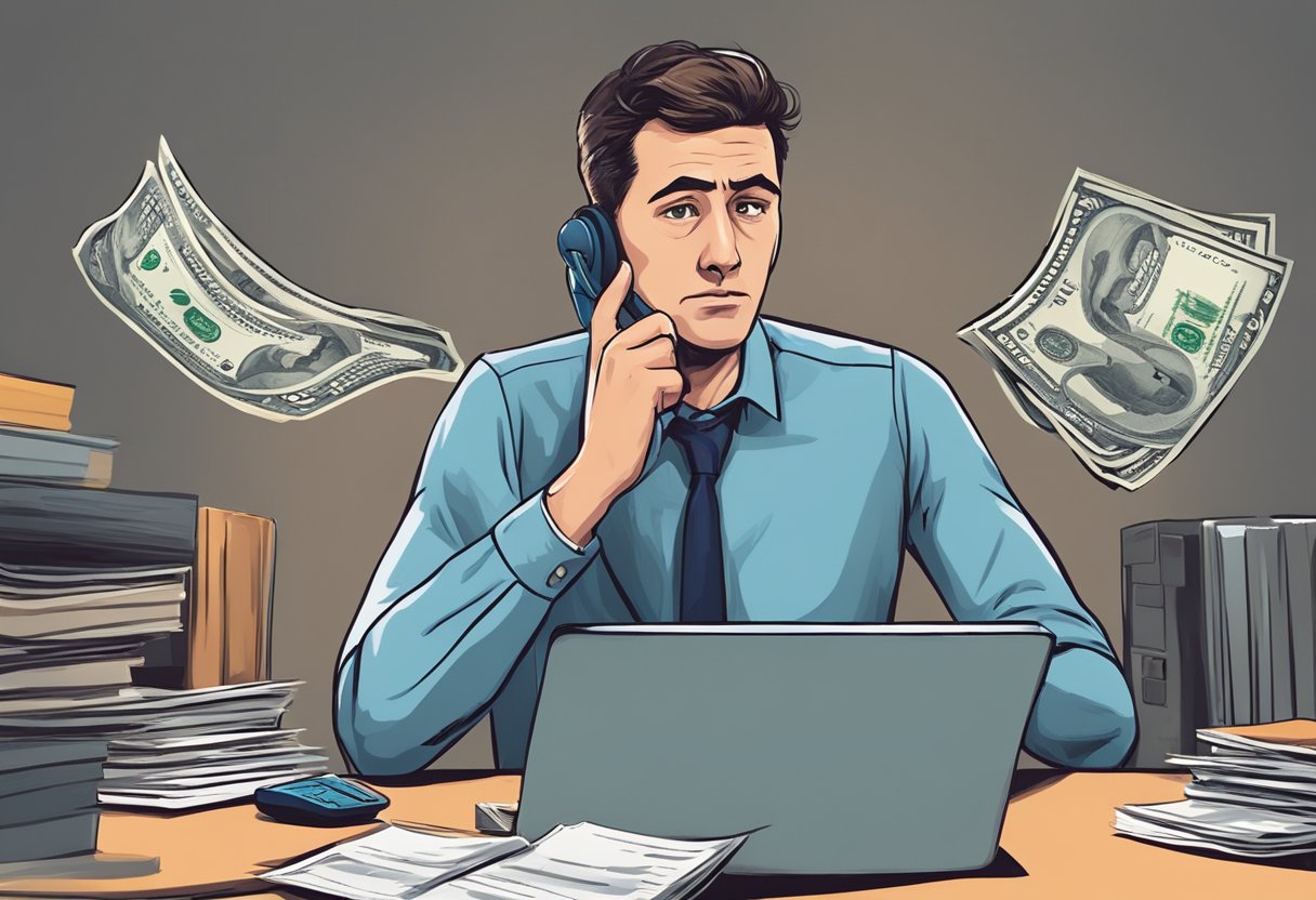 A person receiving threatening phone calls from a loan shark, looking worried and stressed while trying to figure out how to deal with the illegal money lender