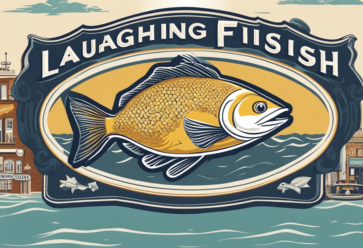 The laughing fish logo, with a wide smile and twinkling eyes, is set against a backdrop of traditional fish and chips shop, with a vintage feel and bustling atmosphere