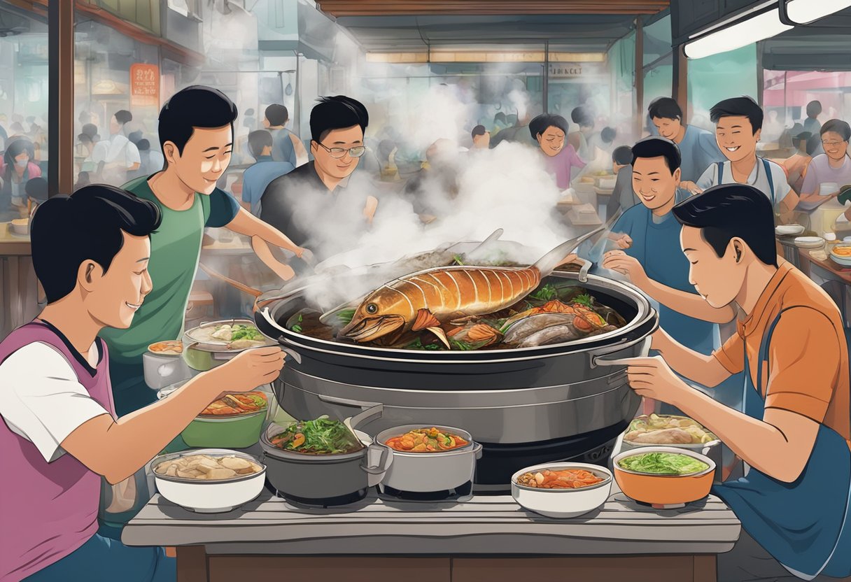 A steaming pot of fish head steamboat surrounded by bustling tables in Tiong Bahru, with the aroma of herbs and spices filling the air