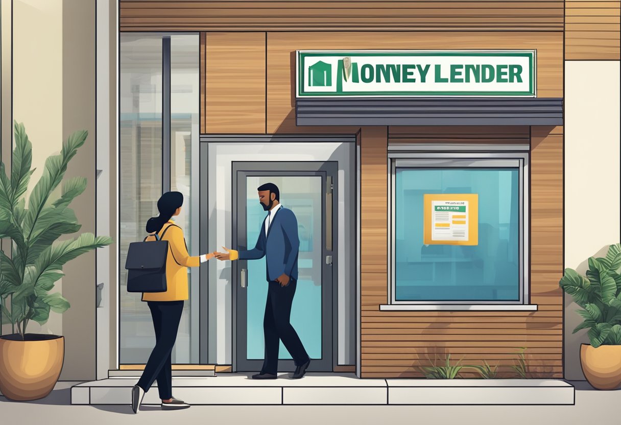 A person enters a licensed money lender's office, where they are provided with practical information and guidance on borrowing. The lender's logo is prominently displayed, and the atmosphere is professional and welcoming
