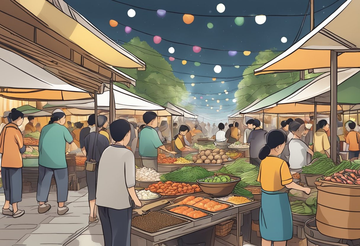 A bustling outdoor market with colorful stalls selling fresh seafood and vegetables, with the aroma of sizzling steamboat broth filling the air